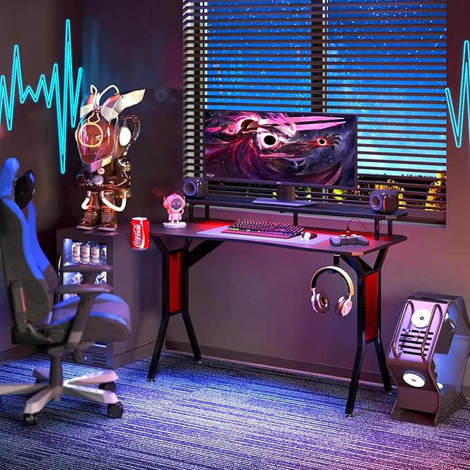 Gaming Desk with Power Outlets & LED Strip Lights,Computer Desk with Large Monitor Stand, Gamer Workstation with Stylish Metal Legs,Headphone Hook&Cup Holder for Home Office - LeafyLoom