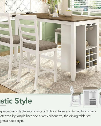 RITSU Modern 5-Piece Dining Set, Multi-Functional Counter Height Dinette Suit with Padded Chairs and Integrated 9 Bar Wine Compartment, Wineglass Holders for Home Kitchen, Brown+White Wash - LeafyLoom