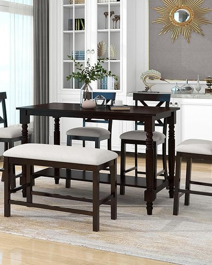 6-Piece Counter Height Dinette Sets Kitchen Dining Table with Shelf, 4 Chairs & Bench w/Soft Cushion, for Diningroom Living Room, Easy to Assemble, Espresso 3 - LeafyLoom