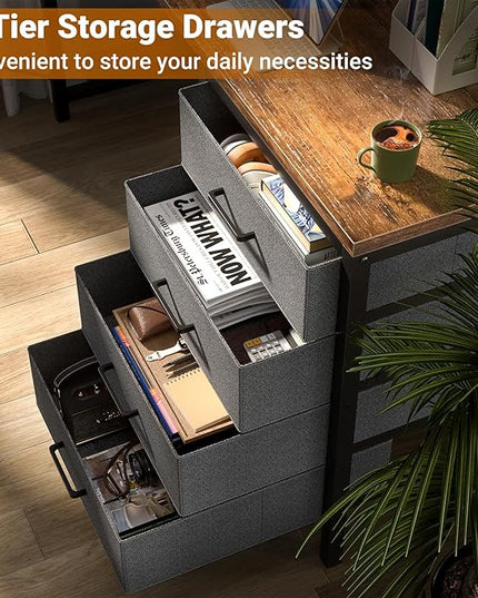 Homieasy L Shaped Desk with Drawers & Power Outlets, Reversible Computer Desk with LED Light and Monitor Stand, 50 Inch Home Office Gaming Work Study Desk with 4 Storage Drawers, Rustic Brown - LeafyLoom