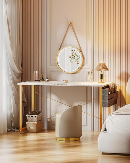 ODK Computer Desk Large Office Desk, 48 Inch Writing Desk with Storage, Modern PC Desk Work Table with Headphone Hook for Home Office, White Marble + Gold Leg - LeafyLoom