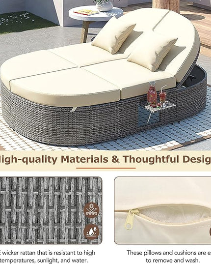 Outdoor DayBed Patio 2-Person Rattan Sun Bed Reclining Chaise Lounge with Adjustable Backrests, Foldable Cup Trays and Pillows, for Lawn,Poolside, Beige - LeafyLoom