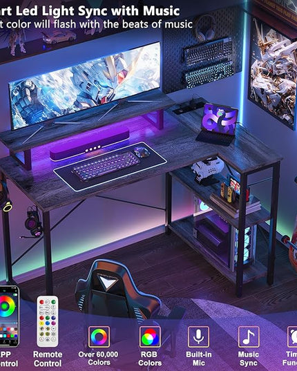 Homieasy L Shaped Gaming Desk with Power Outlet & LED Light, 47 Inch Computer Desk with Storage Shelves, Reversible Corner Desk with Monitor Stand Headset Hooks for Home Office, Black Oak - LeafyLoom