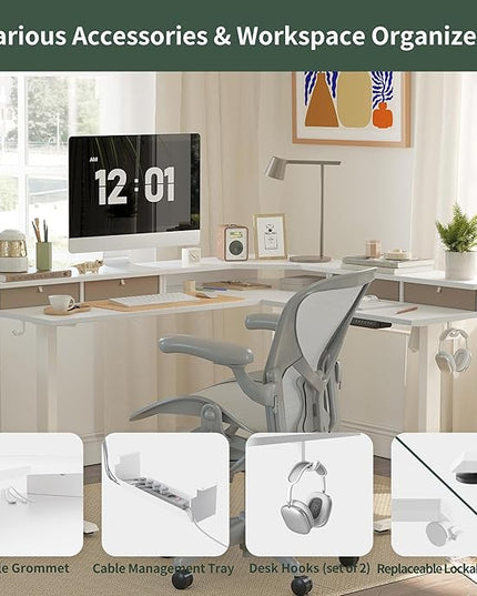 FEZIBO 63" L Shaped Standing Desk with 4 Drawers, Electric Standing Gaming Desk Adjustable Height, Corner Stand up Desk with Splice Board, White Frame/White Top - LeafyLoom