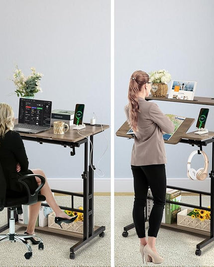 Hadulcet Stand Up Desk, Rolling Desk Adjustable Height, Mobile Standing Desk with Wheels & Charging Station Grey or Rustic Brown - LeafyLoom