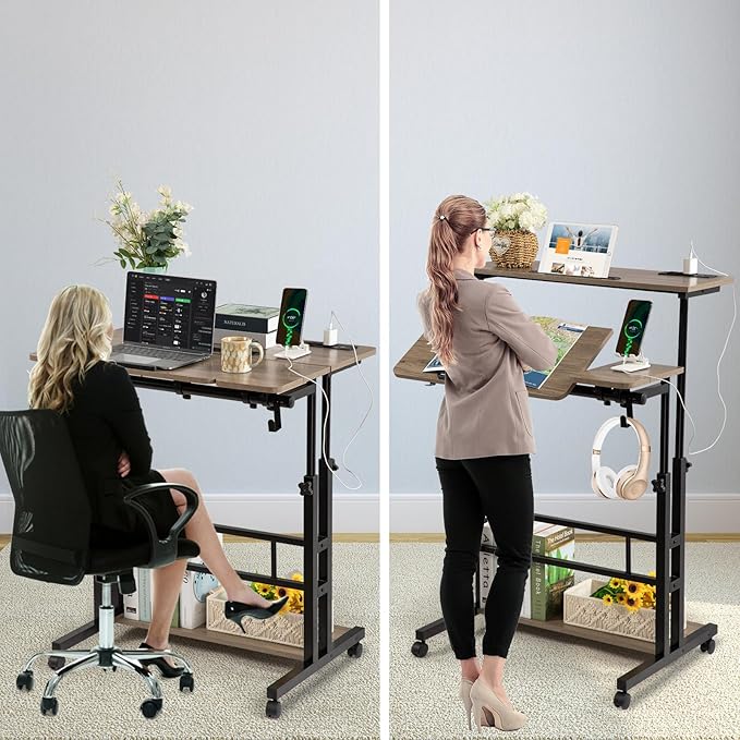 Hadulcet Stand Up Desk, Rolling Desk Adjustable Height, Mobile Standing Desk with Wheels & Charging Station Grey or Rustic Brown - LeafyLoom