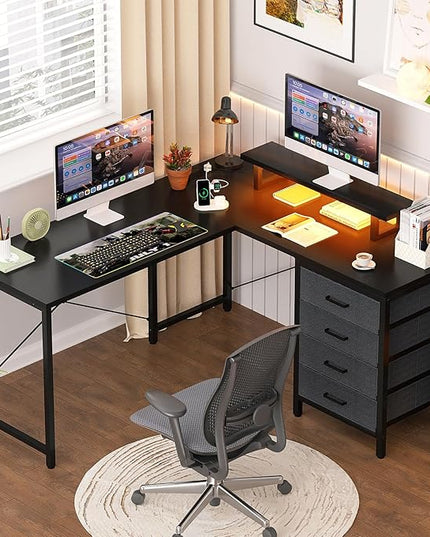 Homieasy L Shaped Desk with Drawers & Power Outlets, Reversible Computer Desk with LED Light and Monitor Stand, 50 Inch Home Office Gaming Work Study Desk with 4 Storage Drawers, Black - LeafyLoom