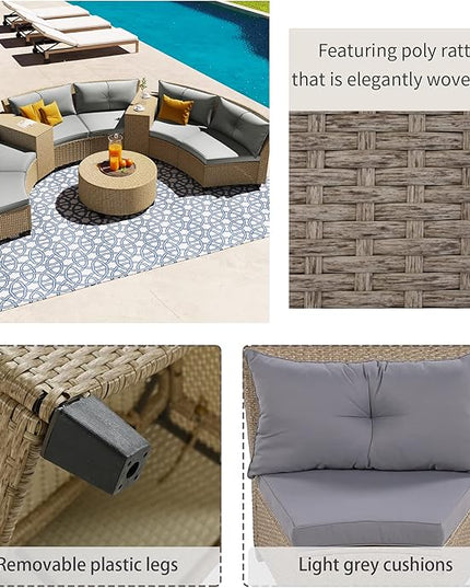9 Pieces Outdoor Furniture Half Moon Wicker Patio Sets with Coffee Table, All-Weather Fan-Shaped Curved Sectional Sofa Couch with Gray Cushions, Onesize, Brown Rattan - LeafyLoom