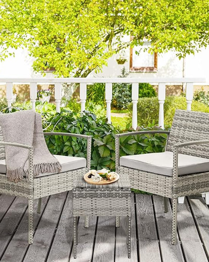 3 Pieces Patio Furniture Set, Balcony Furniture, Patio Bistro Set All-Weather Wicker Chairs Conversation Set with Cushions Table for Outdoor Backyard Porch Lawn (Grey-Grey) - LeafyLoom