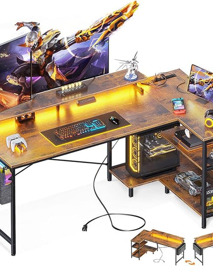 ODK 58 Inch Gaming Desk with USB Charging Ports and LED Lights, Reversible L Shaped Computer Desk with Storage Shelves & Monitor Stand, Corner Home Office Desk Table with Power Outlets, Vintage - LeafyLoom