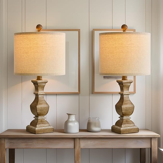 PoKat 20.5" Mid Century Table Lamp Sets of 2 for Living Room Retro Style Farmhouse Table Lamp for Bedroom Classic Beige Resin Bedside Night Light Lamps - LeafyLoom
