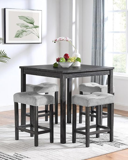 RITSU 5 Piece Square, Bar Chairs Set, Bistro Industrial Breakfast Table + 4 Upholstered Stools, for Living, Small Apartment, Dining, Game Room, Black+Gray - LeafyLoom