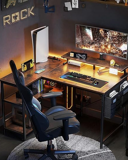 ODK 40 Inch Gaming Desk with USB Charging Ports and LED Lights, Reversible L Shaped Computer Desk with Storage Shelves & Monitor Stand, Corner Home Office Desk Table with Power Outlets, Vintage - LeafyLoom