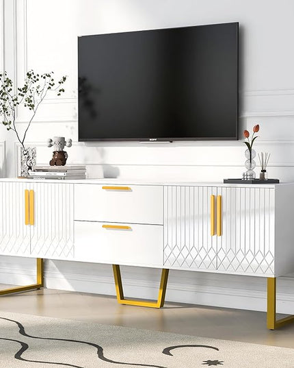 67" TV Stand with 2 Drawers and Cabinets, Modern Television Stands with Metal Legs and Handles for TVs up to 75 Inches, TV Console Table for Living room, White - LeafyLoom