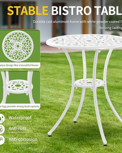 Patio Bistro Sets, Cast Aluminum Bistro Table and Chairs Set of 2 with Umbrella Hole, Bistro Set 3 Piece Outdoor, Metal Patio Furniture Set for Garden Porch, White - LeafyLoom