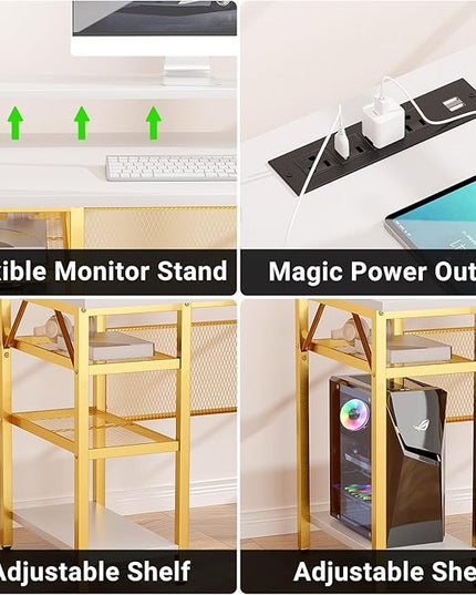 L Shaped Desk, 55 Inch Reversible Computer Desk with Power Outlet and RGB LED Light, Sturdy Corner Office Gaming Desk with Ergonomic Monitor Stand, Attractive Grid Design, White and Gold - LeafyLoom