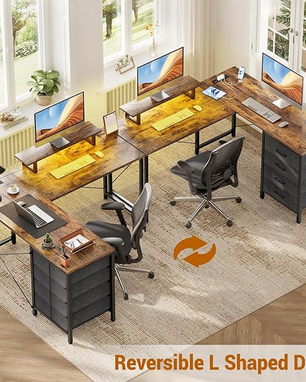 Homieasy L Shaped Desk with Drawers & Power Outlets, Reversible Computer Desk with LED Light and Monitor Stand, 50 Inch Home Office Gaming Work Study Desk with 4 Storage Drawers, Rustic Brown - LeafyLoom