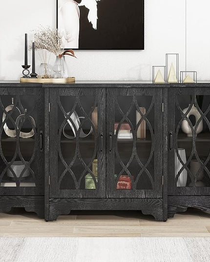 58" Retro Sideboard Glass Door with Curved Line Design,Wood Ample Storage Cabinet,W/Black Handle and Three Adjustable Shelves,for Dining Living Room Entryway - LeafyLoom