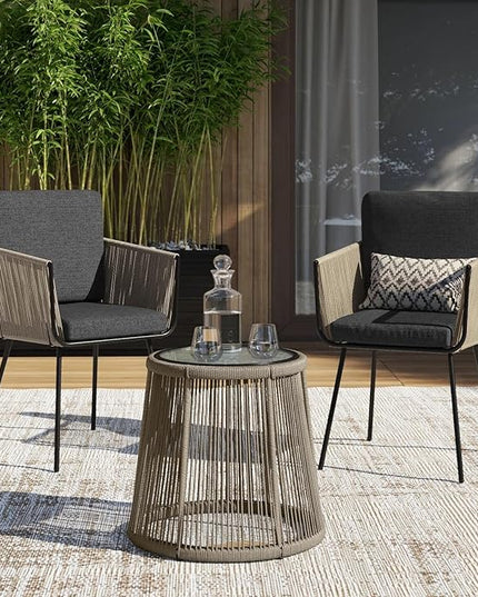 Barton 3 Pieces Wicker Chair Set w/Glass Table Gray Outdoor Patio Furniture Wicker Rattan Modern Conversation Chat Seating - LeafyLoom