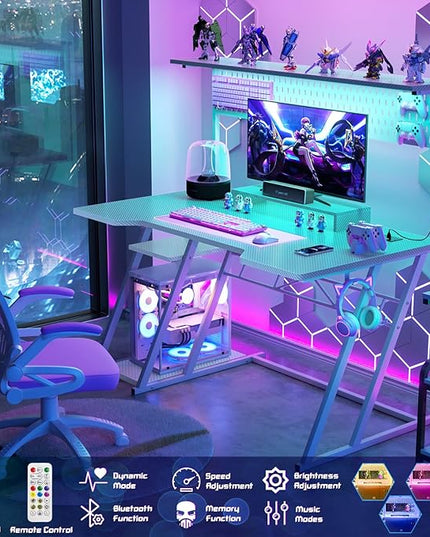 Gaming Computer Desk with Storage Shelves & Z-Shaped Legs, White Gaming Desk with Hutch and LED Lights, Reversible PC Gaming Desk with Pegboard for Bedroom & Small Spaces, Carbon Fiber Surface, 47'' - LeafyLoom