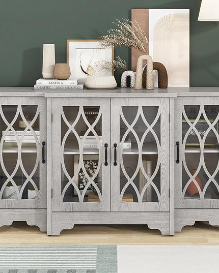 58" Retro Sideboard Glass Door with Curved Line Design,Wood Ample Storage Cabinet,W/Black Handle and Three Adjustable Shelves,for Dining Living Room Entryway,Antique White - LeafyLoom