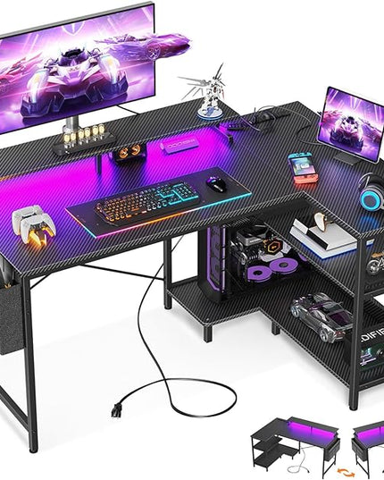 ODK 48 Inch Gaming Desk with USB Charging Ports and LED Lights, Reversible L Shaped Computer Desk with Storage Shelves & Monitor Stand, Corner Gamer Desk Table with Power Outlets, Carbon Fiber Black - LeafyLoom
