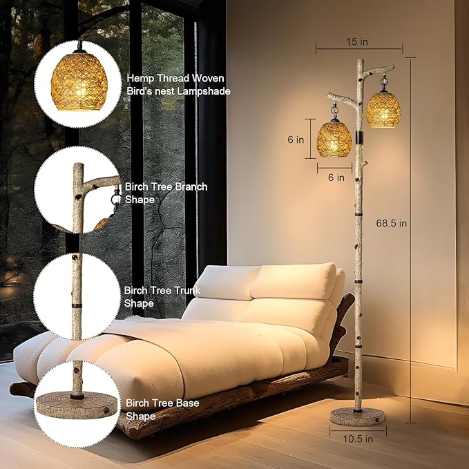 68.5" Rustic Farmhouse Remote Control Switch Birch Tree Floor lamp with Bird Nest Lantern Shade Vintage Standing Lamp for Living Room Bedroom Hotel Bar Office Wood House(LED Bulb Included) - LeafyLoom