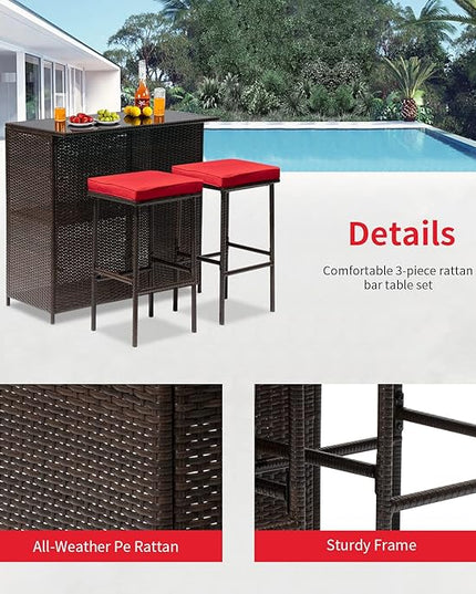 FDW Outdoor Furniture Set Wicker Bistro Set 3PCS Patio Bar Set with Two Stools for Patio Backyard Balcony,Red Cushion - LeafyLoom
