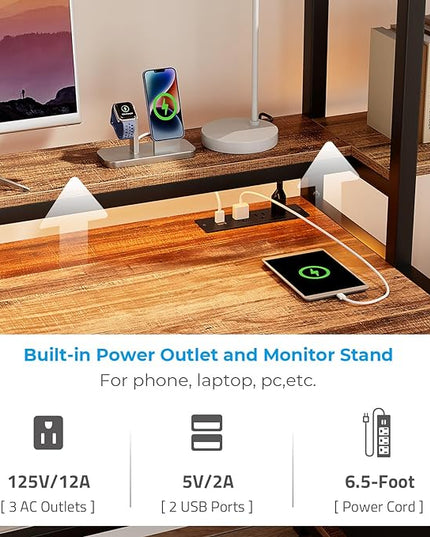 GreenForest Computer Desk with Drawer and Printer Shelf, 68.8 inch Home Office Desk with LED Lights and Power Outlets, Desk with Storage for Study Gaming Working, Walnut - LeafyLoom