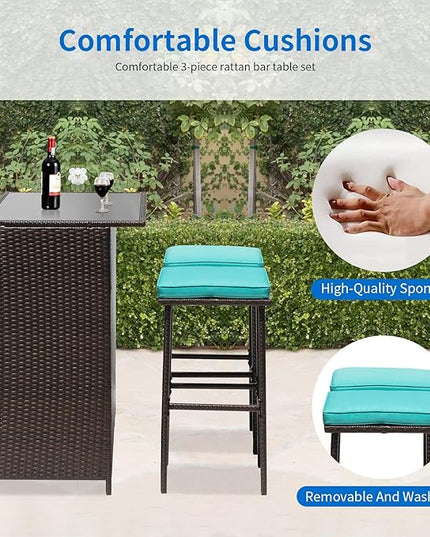 FDW 3PCS Patio Bar Set Outdoor Furniture Set Wicker Bistro Set with Two Stools for Patio Backyard Balcony,Blue Cushion - LeafyLoom