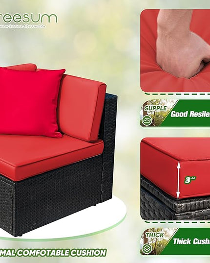 Greesum 3 Piece Patio Conversation Set Wicker Rattan Furniture Outdoor Sofa with Cushions,Pillows & Glass Table for Porch,Lawn and Yard, Red - LeafyLoom