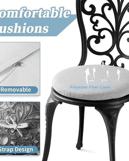 Patio Bistro Set 3 Piece Outdoor, All Weather Bistro Table and Chairs Set of 2 with Umbrella Hole, Outdoor Bistro Set with Cushions, Cast Aluminum Patio Furniture Set for Garden Porch - LeafyLoom