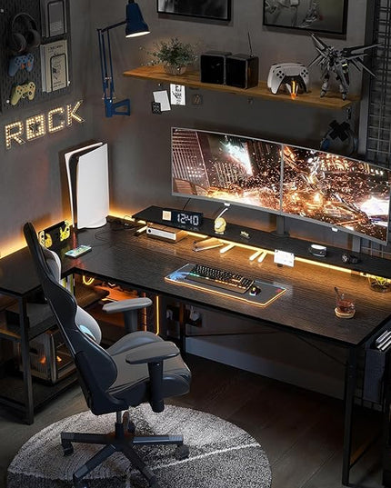 ODK 66 Inch Gaming Desk with USB Charging Ports and LED Lights, Reversible L Shaped Computer Desk with Storage Shelves & Monitor Stand, Corner Gamer Desk Table with Power Outlets, Black - LeafyLoom