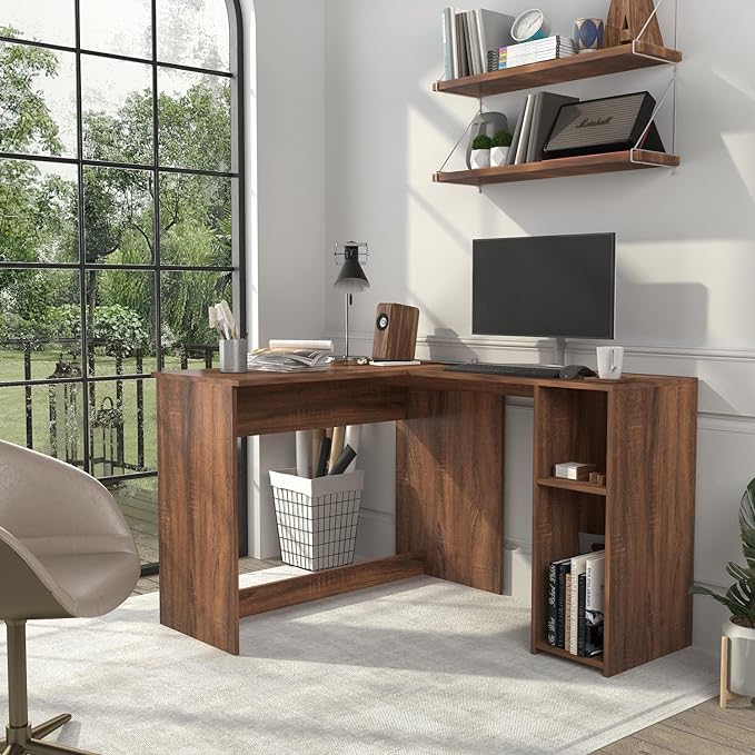 FurnitureR 47.2-Inch L-Shaped Computer Desk Home Office Study Writing Corner Gaming Table Retro Design Work Station Space-Saving for Study Room Bedroom, Walnut - LeafyLoom