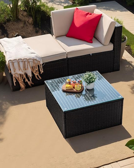 Greesum 3 Piece Patio Conversation Set Wicker Rattan Furniture Outdoor Sofa with Cushions,Pillows and Glass Table for Porch,Lawn and Yard, Beige - LeafyLoom
