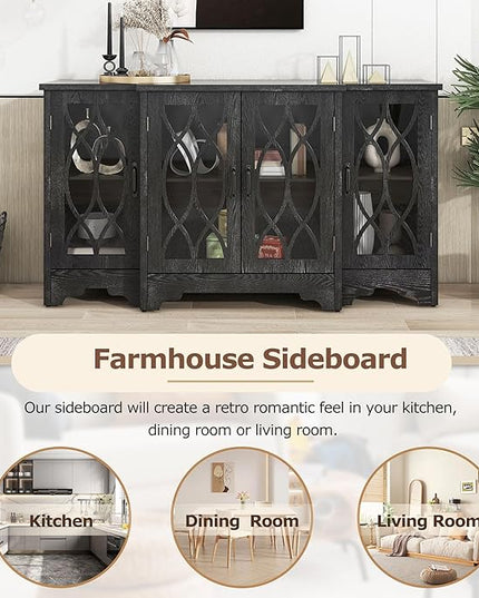 58" Retro Sideboard Glass Door with Curved Line Design,Wood Ample Storage Cabinet,W/Black Handle and Three Adjustable Shelves,for Dining Living Room Entryway - LeafyLoom