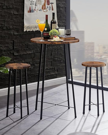 VECELO Small Bar Table and Chairs, Round Bistro Sets with 2 barstools, 3-Piece Pub Dining Furniture, Counter Height Wood Top for Breakfast Dinner Coffee Nap Conference, Easy Assembly, Brown - LeafyLoom