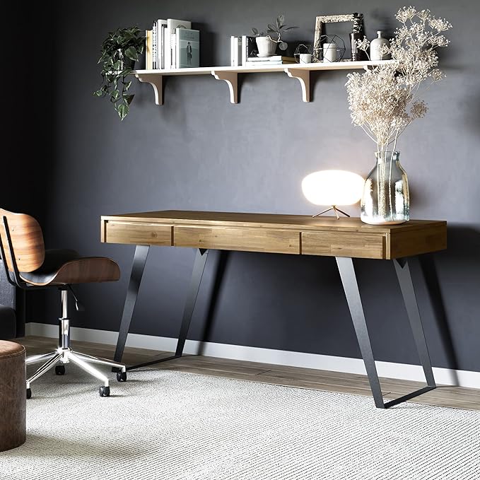 SIMPLIHOME Lowry SOLID WOOD and Metal Modern Industrial 54 inch Wide Home Office Desk, Writing Table, Workstation, Study Table Furniture in Distressed Golden Wheat with 2 Drawers - LeafyLoom