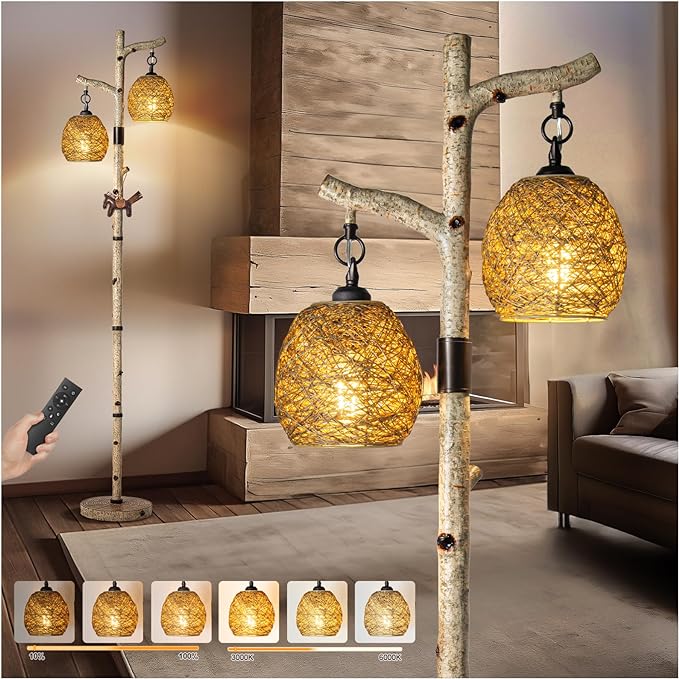 68.5" Rustic Farmhouse Remote Control Switch Birch Tree Floor lamp with Bird Nest Lantern Shade Vintage Standing Lamp for Living Room Bedroom Hotel Bar Office Wood House(LED Bulb Included) - LeafyLoom