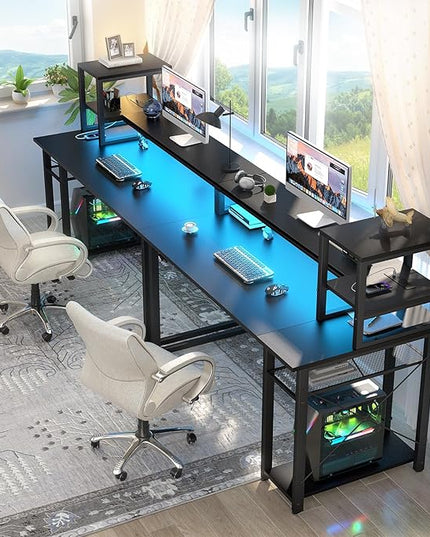 Gaming Desk with Lights & Power Outlets, 47.2'' Computer Desk with Storage Shelves, Small Desk for Small Space, Desk with Monitor Stand, Black - LeafyLoom