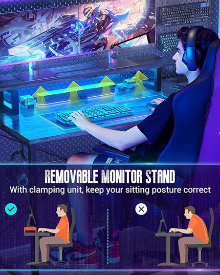 Homieasy L Shaped Gaming Desk with Power Outlet & LED Light, 47 Inch Computer Desk with Storage Shelves, Reversible Corner Desk with Monitor Stand Headset Hooks for Home Office, Black Oak - LeafyLoom