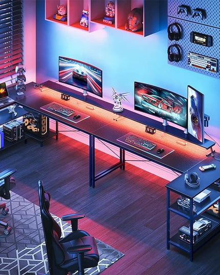 ODK 66 Inch Gaming Desk with USB Charging Ports and LED Lights, Reversible L Shaped Computer Desk with Storage Shelves & Monitor Stand, Corner Gamer Desk Table with Power Outlets, Black - LeafyLoom