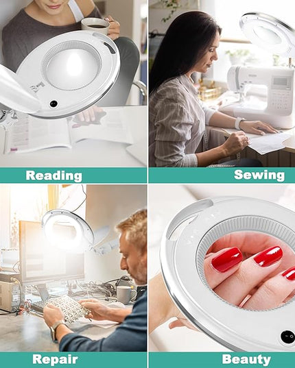 Large 10X Magnifying Glass with Light, 4.75 in Real Glass Stand Lighted Magnifier with Clamp, 2 in 1 Desk Lamp with 36 Color and Brightness Modes, Hands Free for Close Work, Crafts, Hobbies - LeafyLoom