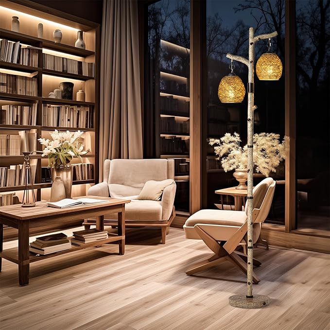 68.5" Rustic Farmhouse Remote Control Switch Birch Tree Floor lamp with Bird Nest Lantern Shade Vintage Standing Lamp for Living Room Bedroom Hotel Bar Office Wood House(LED Bulb Included) - LeafyLoom