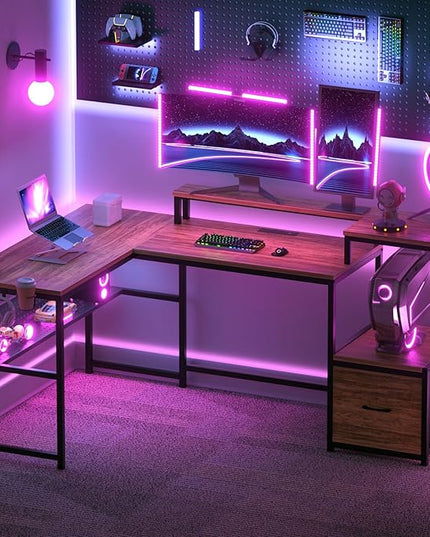 GreenForest 69 inch L Shaped Computer Desk with Drawers and Printer Stand, Gaming Desk with Power Outlet, Monitor Shelf, Storage Shelves and Hooks for Home Office Working, Writing, Studying, Walnut - LeafyLoom