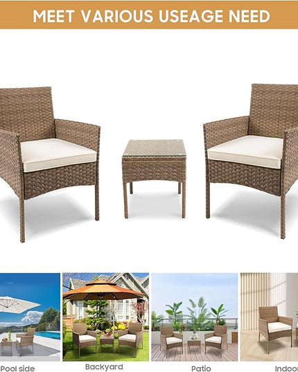 YIYAN 3 Pieces Patio Bistro Set Outdoor Wicker Furniture Outdoor Porch PE Rattan Wicker Chairs Furniture Sets with Sofa Chairs,Glass Coffee Table and White Washable Cushion - LeafyLoom