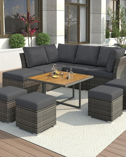 9 Piece Patio Furniture Set with Solid Wood Coffee Table and Ottomans, Rattan Modular Outdoor Sectional Conversation Sofa, for Garden Backyard, Onesize, Gray - LeafyLoom