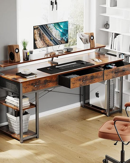 ODK Computer Desk with Drawers and Storage Shelves, 63 inch Home Office desk with Monitor Stand, Modern Work Study writing table Desk for Small Spaces, Vintage - LeafyLoom