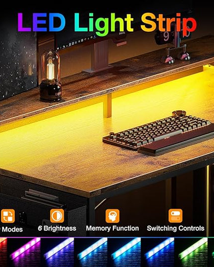 ODK 58 Inch Gaming Desk with USB Charging Ports and LED Lights, Reversible L Shaped Computer Desk with Storage Shelves & Monitor Stand, Corner Home Office Desk Table with Power Outlets, Vintage - LeafyLoom