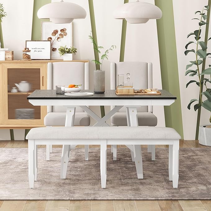 6-Piece Wooden Extendable Dining Table Set with two 12" W Removable Leaves and 4 Upholstered Chairs & 1 Bench for Kitchen Room, White+Black - LeafyLoom